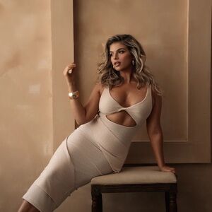 JLUXLABEL Cream Asymmetrical Ruched Bodycon Dress